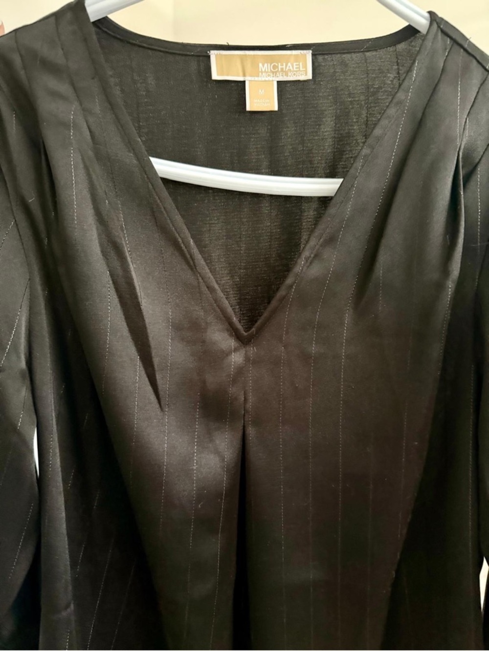Michael Kors Black Satin V-Neck Blouse with Metallic Pinstripes - Picture 3 of 3